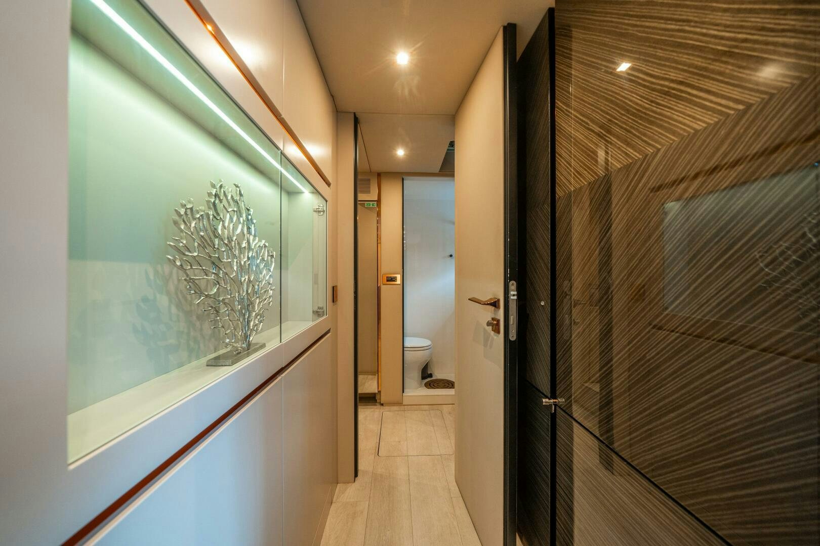 a bathroom with a glass shower aboard SECOND CHANCE Yacht for Sale