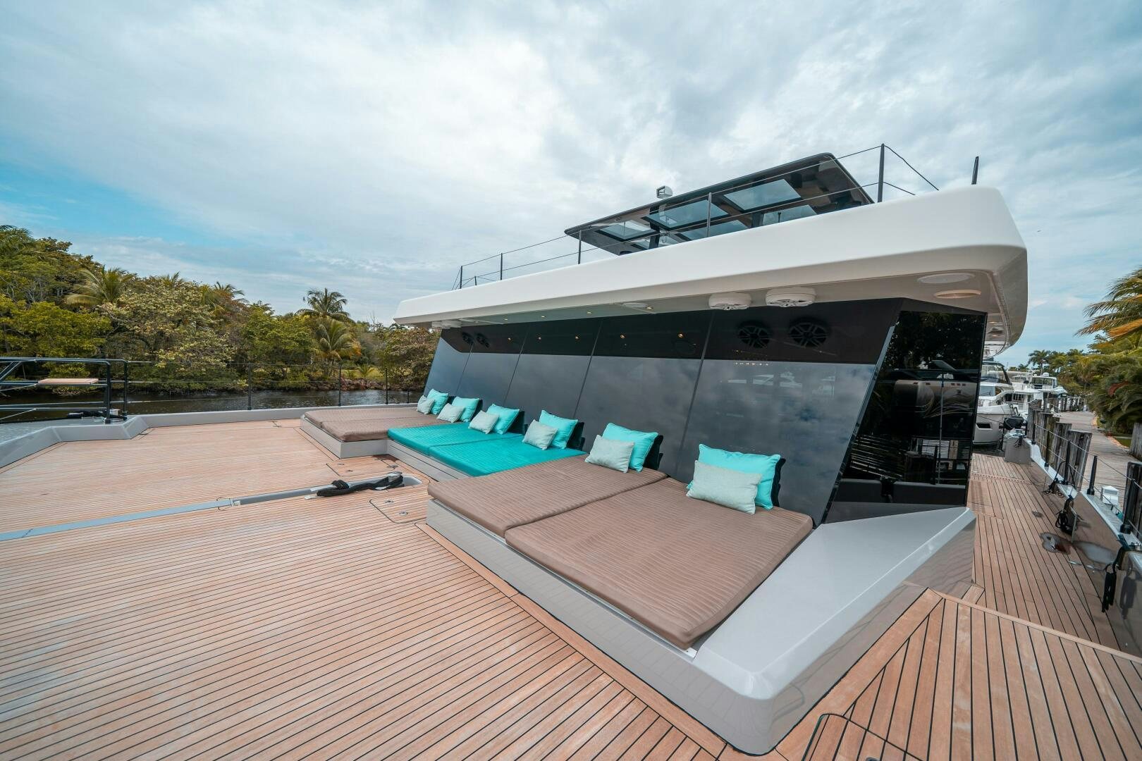 a large white boat on a deck aboard SECOND CHANCE Yacht for Sale