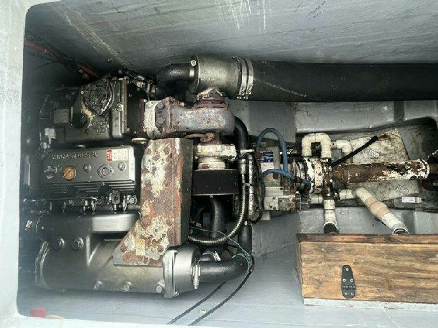 a car engine with a few parts aboard EDGE 2 Yacht for Sale