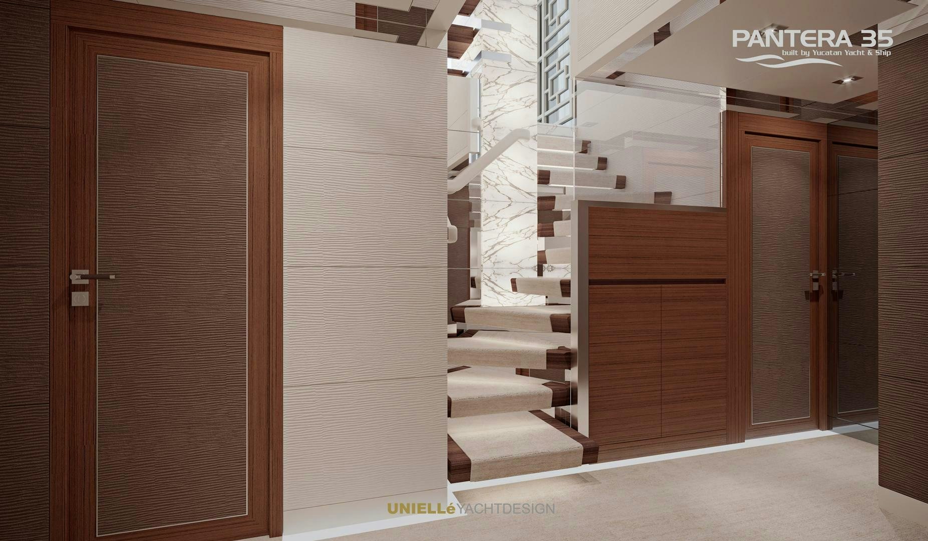 a hallway with doors aboard PANTERA 35 Yacht for Sale