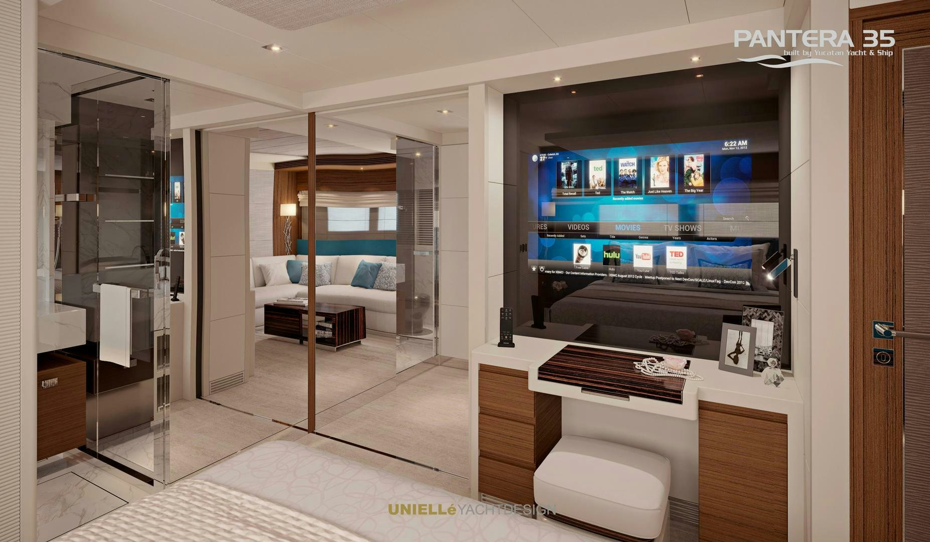 a room with a bed and a television aboard PANTERA 35 Yacht for Sale