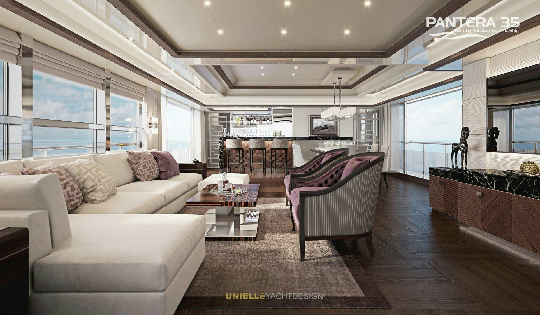 a living room with a wood floor aboard PANTERA 35 Yacht for Sale