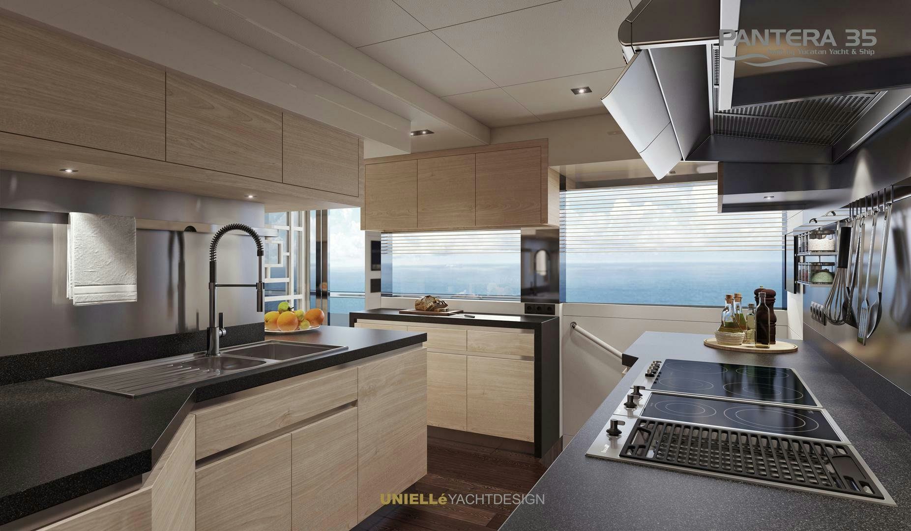 a kitchen with a large island aboard PANTERA 35 Yacht for Sale
