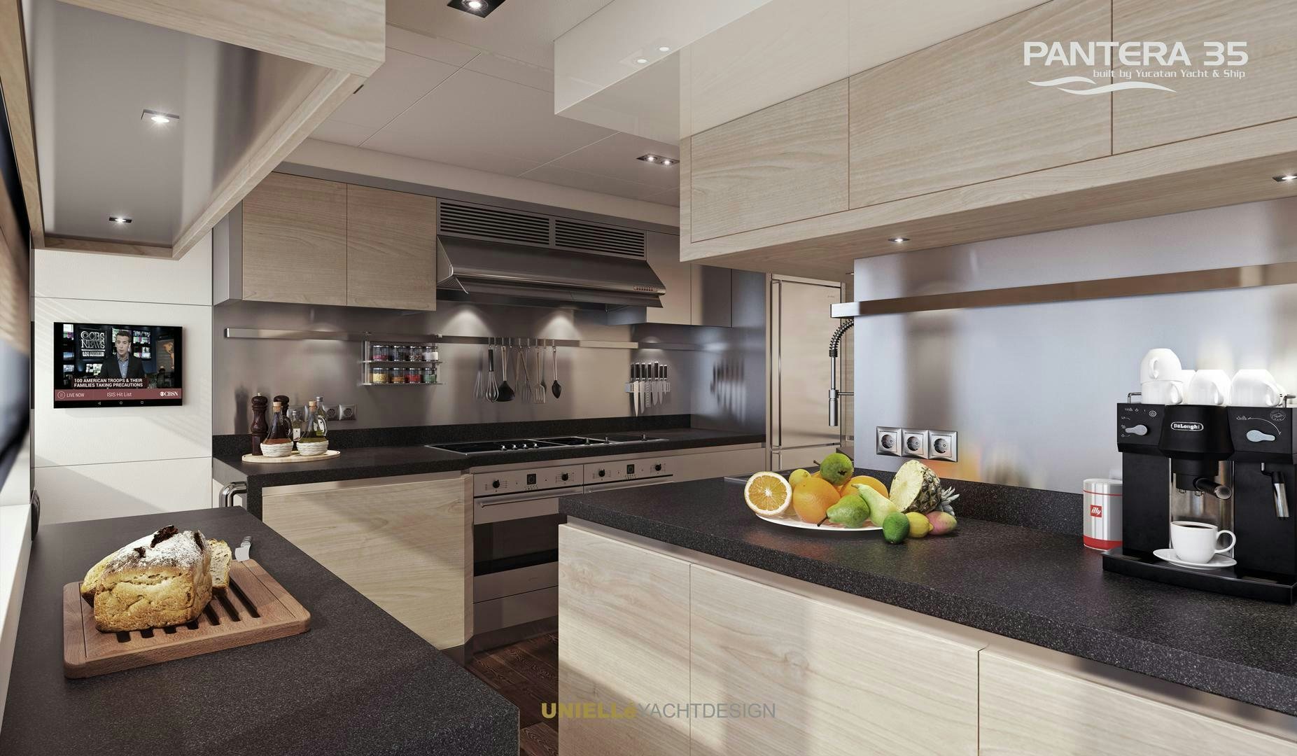 a kitchen with a black countertop aboard PANTERA 35 Yacht for Sale