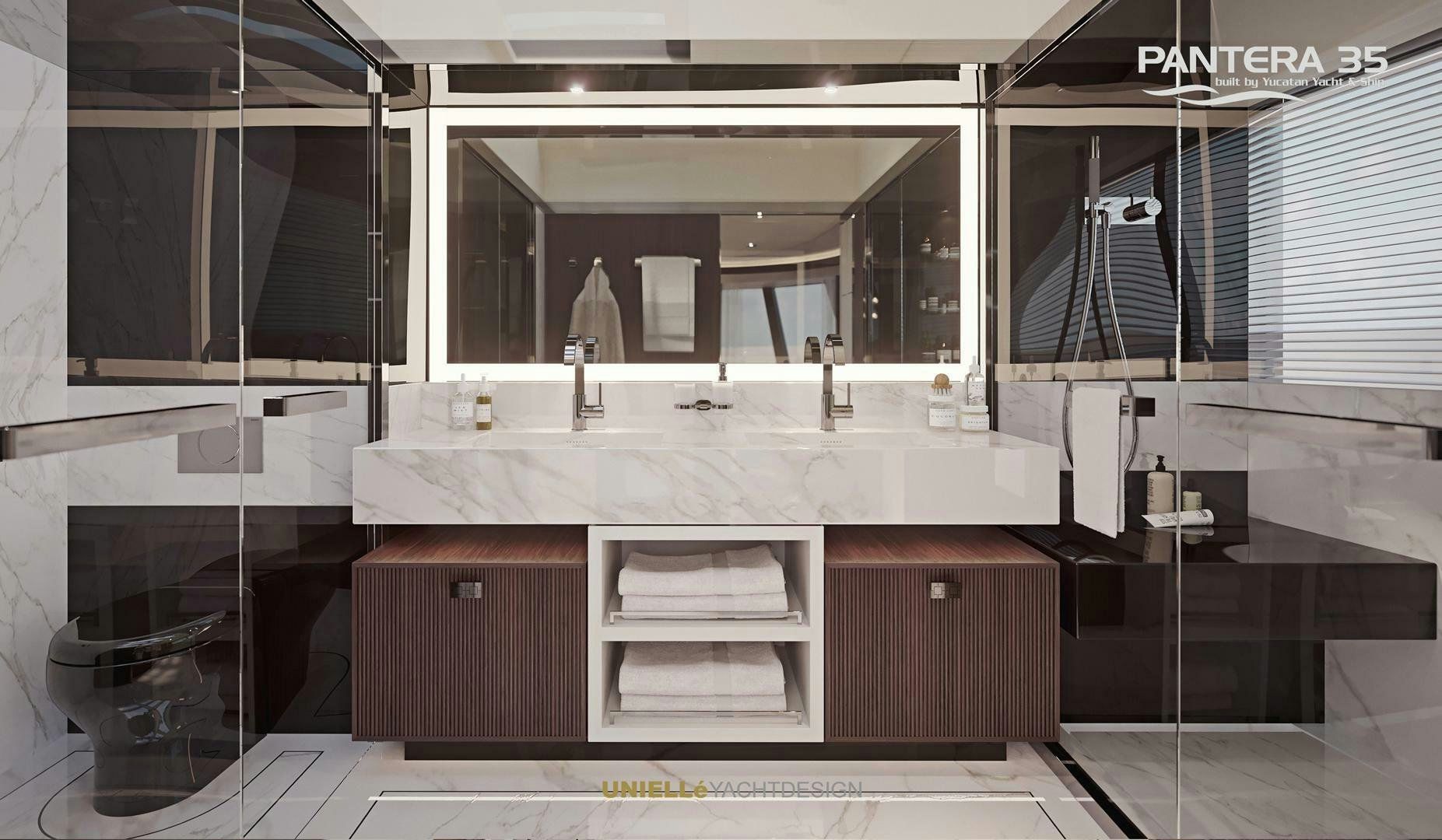a bathroom with a large mirror aboard PANTERA 35 Yacht for Sale