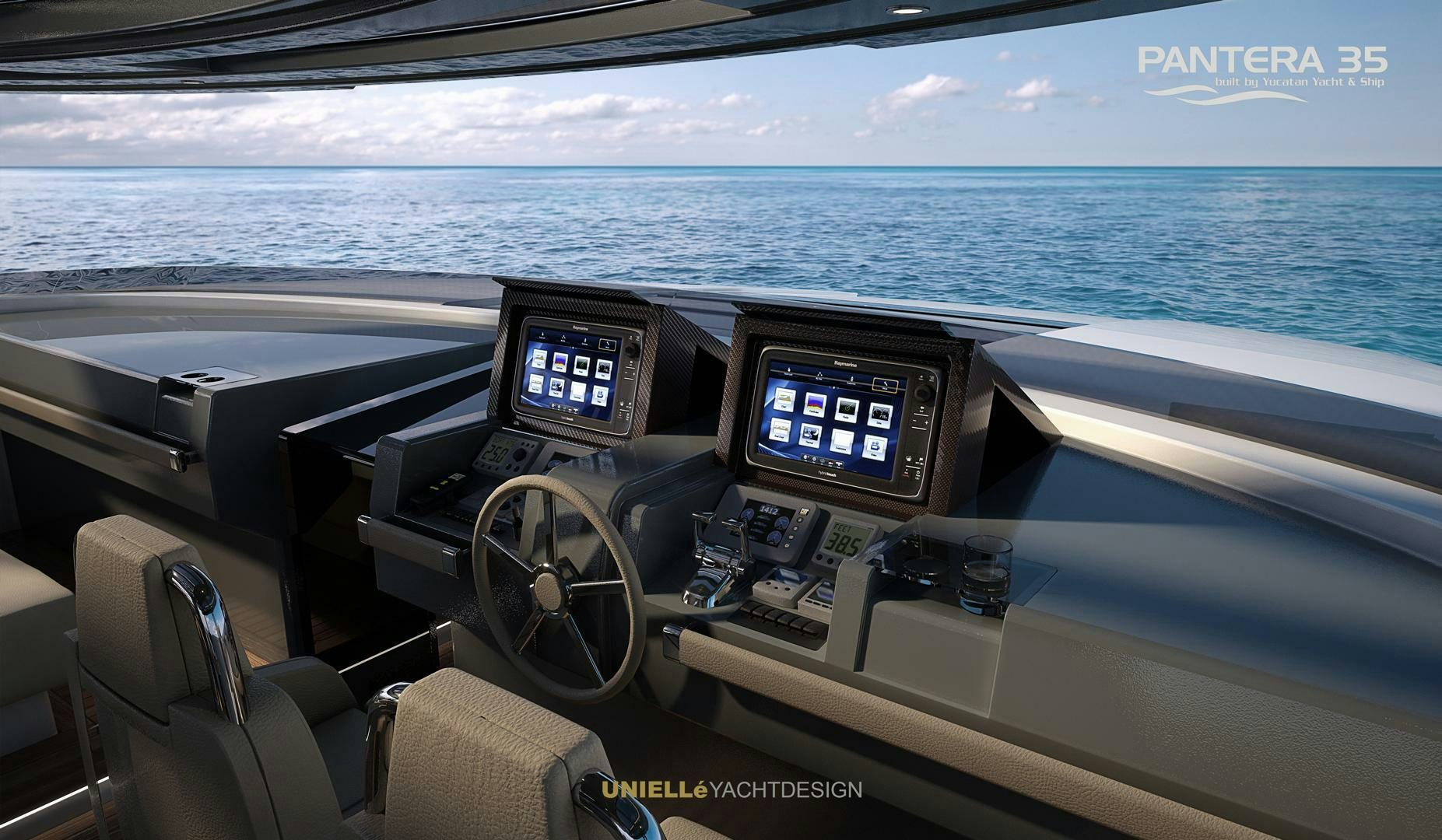 a dashboard of a car with a view of the ocean aboard PANTERA 35 Yacht for Sale
