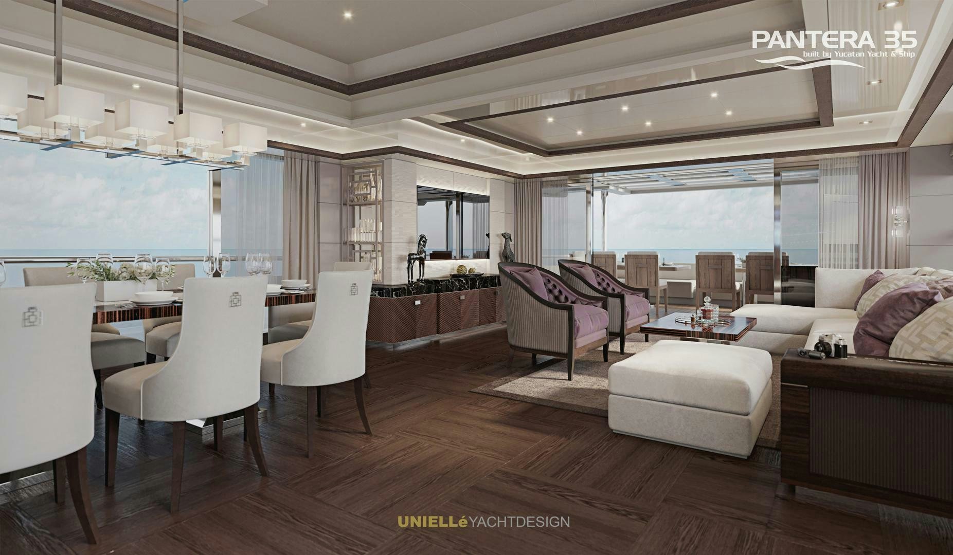 a living room with a couch and a table aboard PANTERA 35 Yacht for Sale