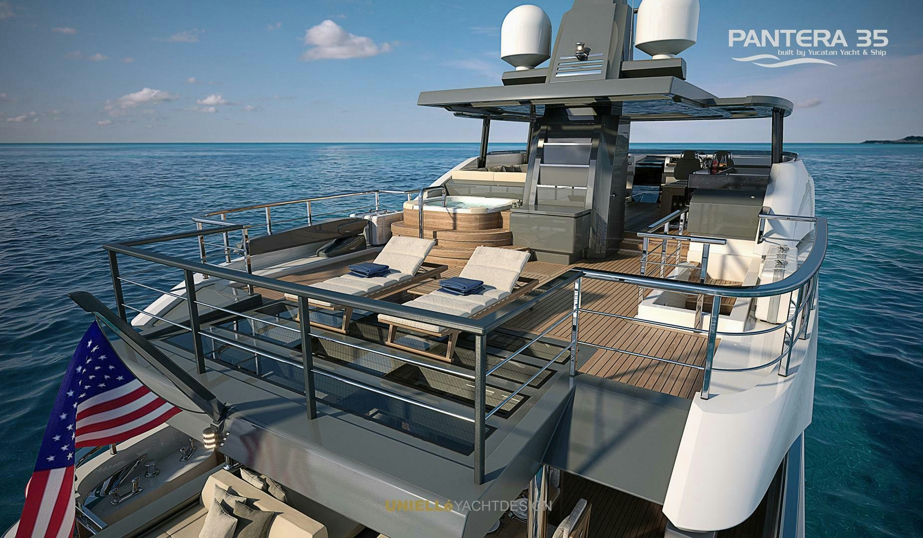 a boat with a flag on the front aboard PANTERA 35 Yacht for Sale