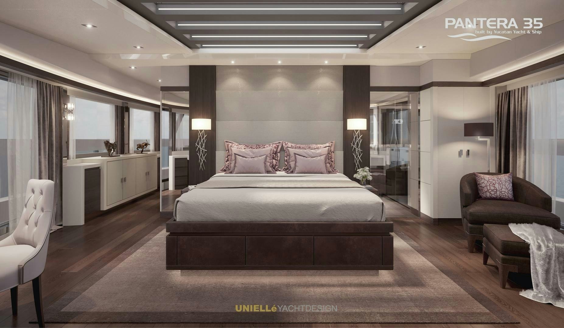 a large bedroom with a large bed aboard PANTERA 35 Yacht for Sale