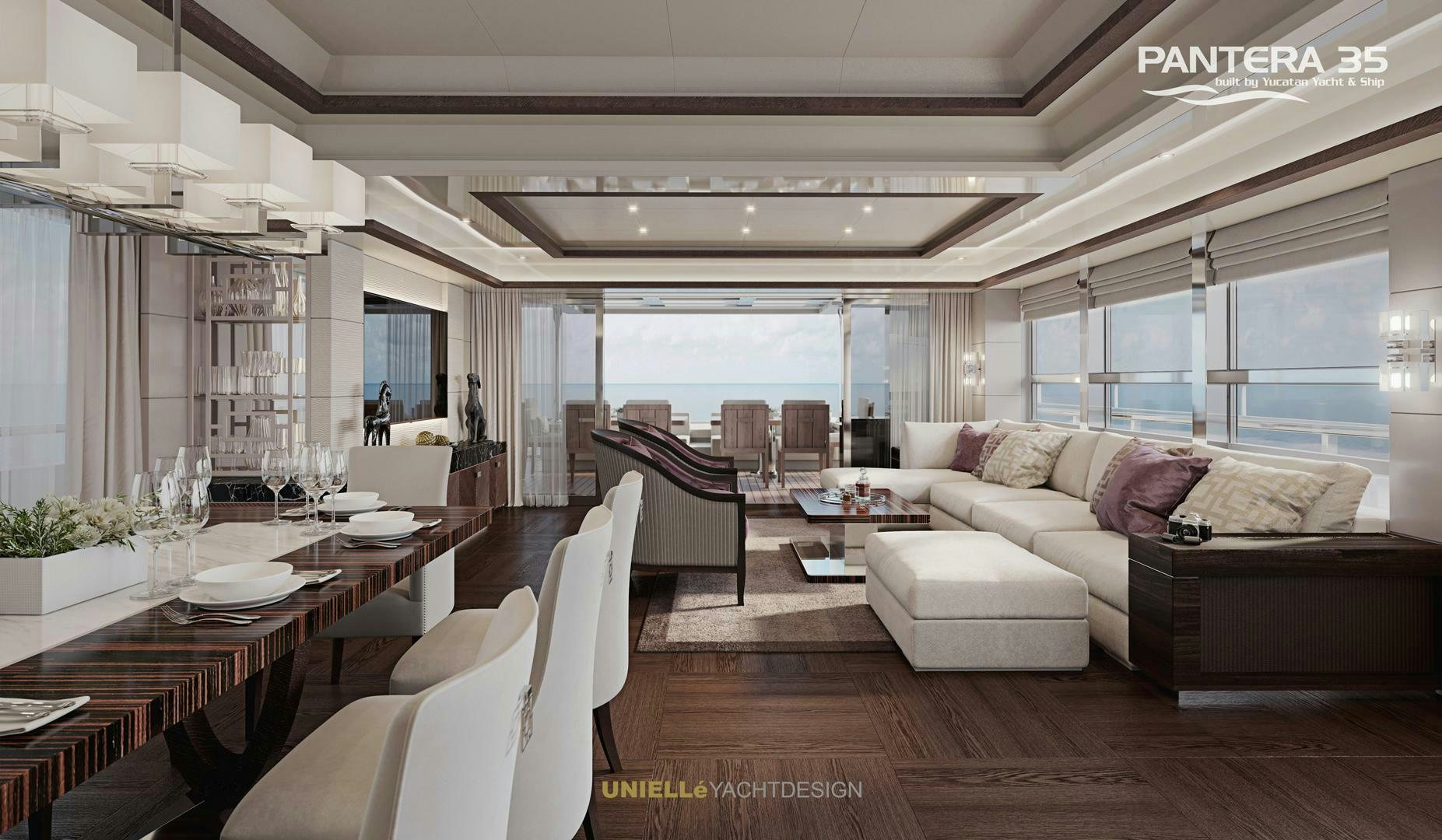 a living room with a large window aboard PANTERA 35 Yacht for Sale