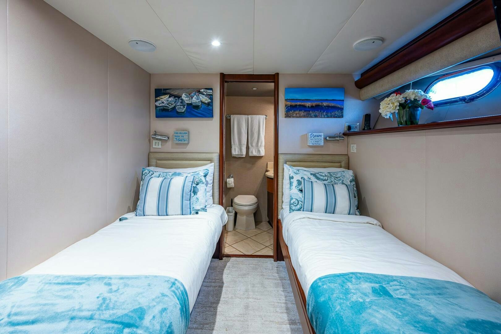 a room with two beds aboard LADY LORRAINE Yacht for Sale