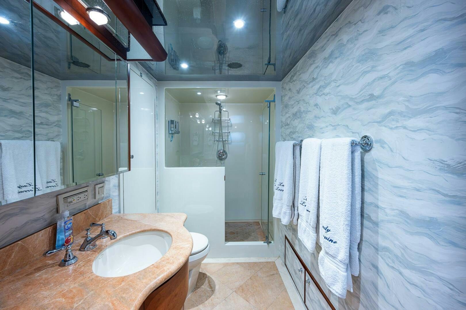 a bathroom with a sink and a toilet aboard LADY LORRAINE Yacht for Sale