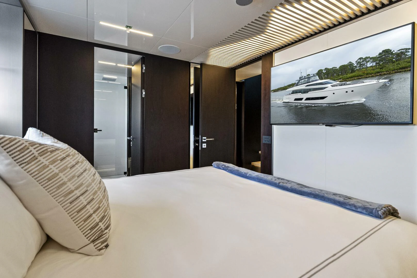 a bed in a room aboard PINCH ME Yacht for Sale