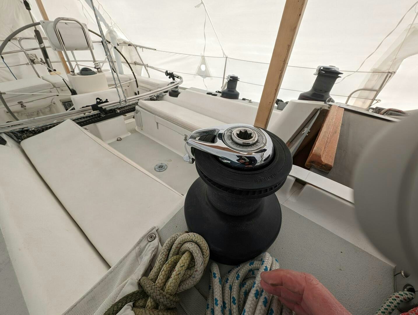 a boat with a large round object on the front aboard MOJO Yacht for Sale