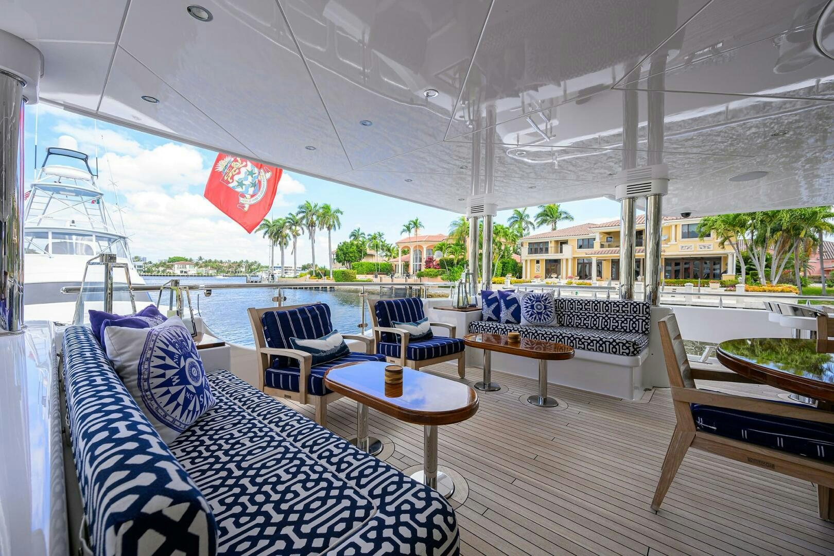 a room with a table chairs and a view of the water aboard NEENAH Yacht for Sale