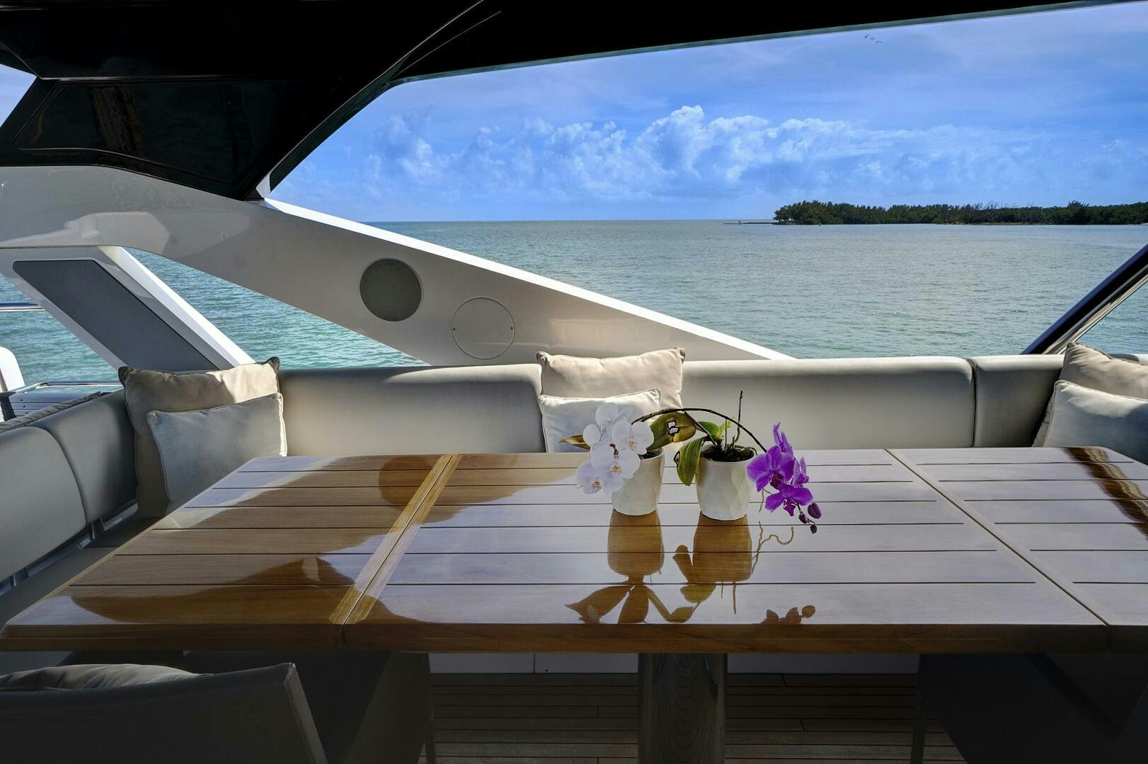 a boat with flowers on the deck aboard SEA ONE Yacht for Sale