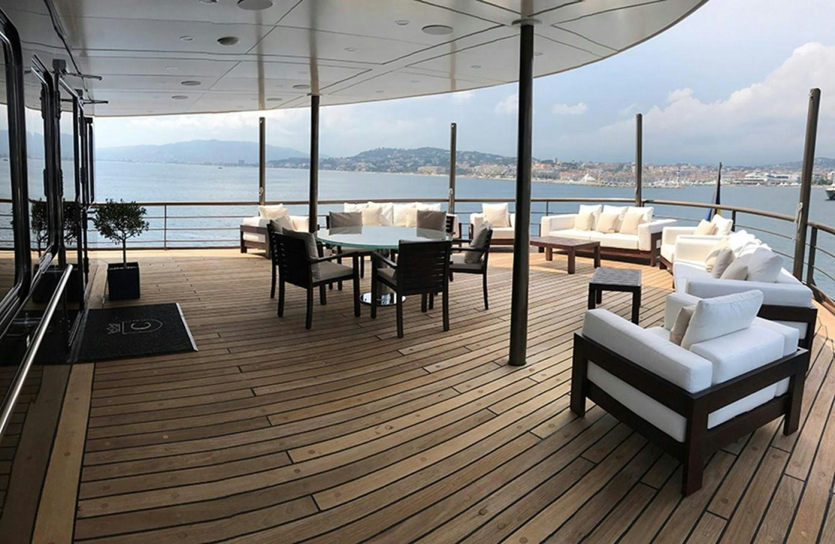 a deck with a view of the ocean and the ocean aboard CHAKRA Yacht for Sale