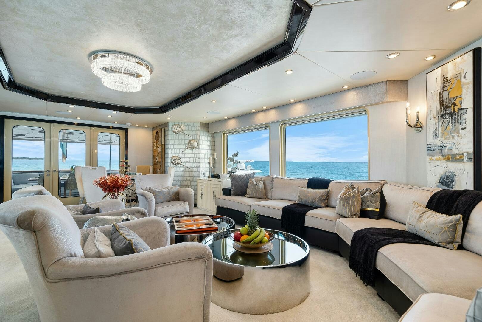 a living room with a large window aboard SWEET ESCAPE Yacht for Sale