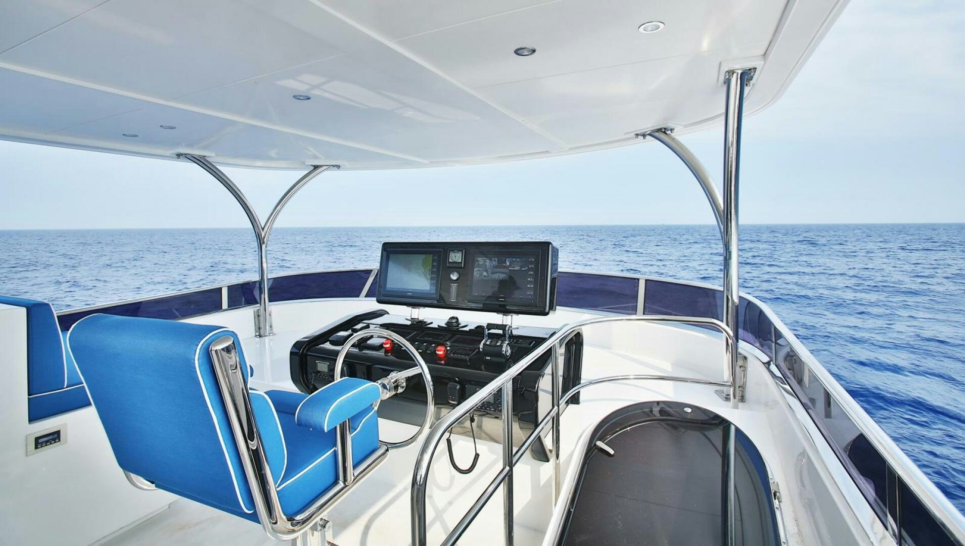 a boat with a flat screen and a couple of monitors on the front aboard DEESCOVERY Yacht for Sale