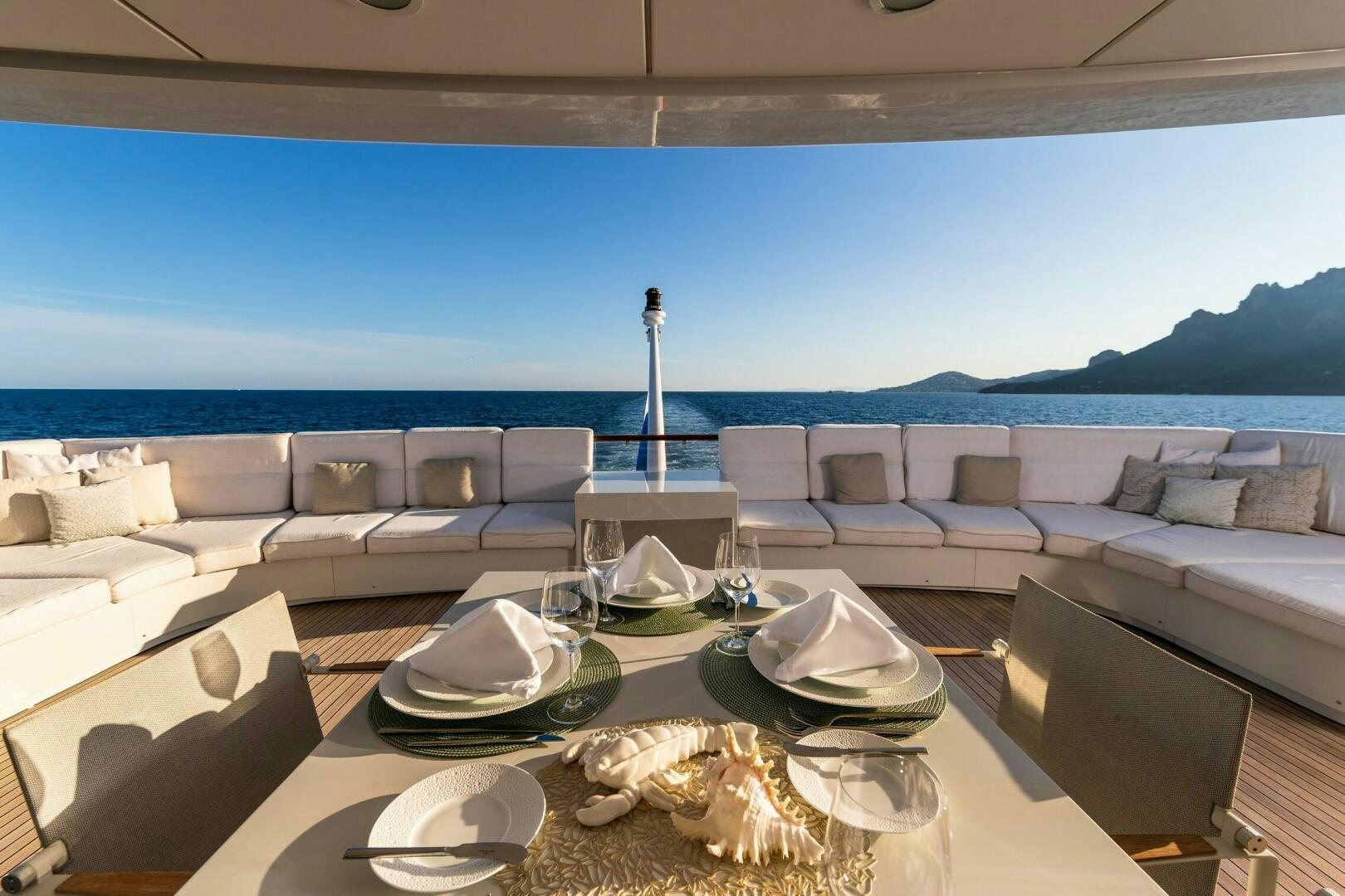 a table with plates and chairs on it aboard FRIENDSHIP Yacht for Sale