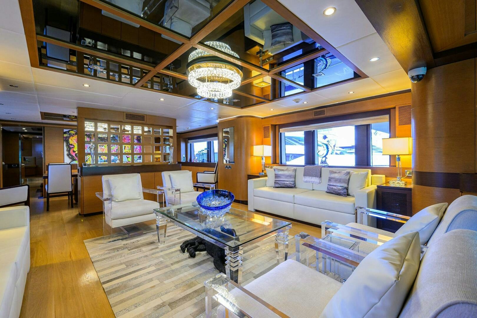a living room with a large window aboard KIMBERLIE Yacht for Sale
