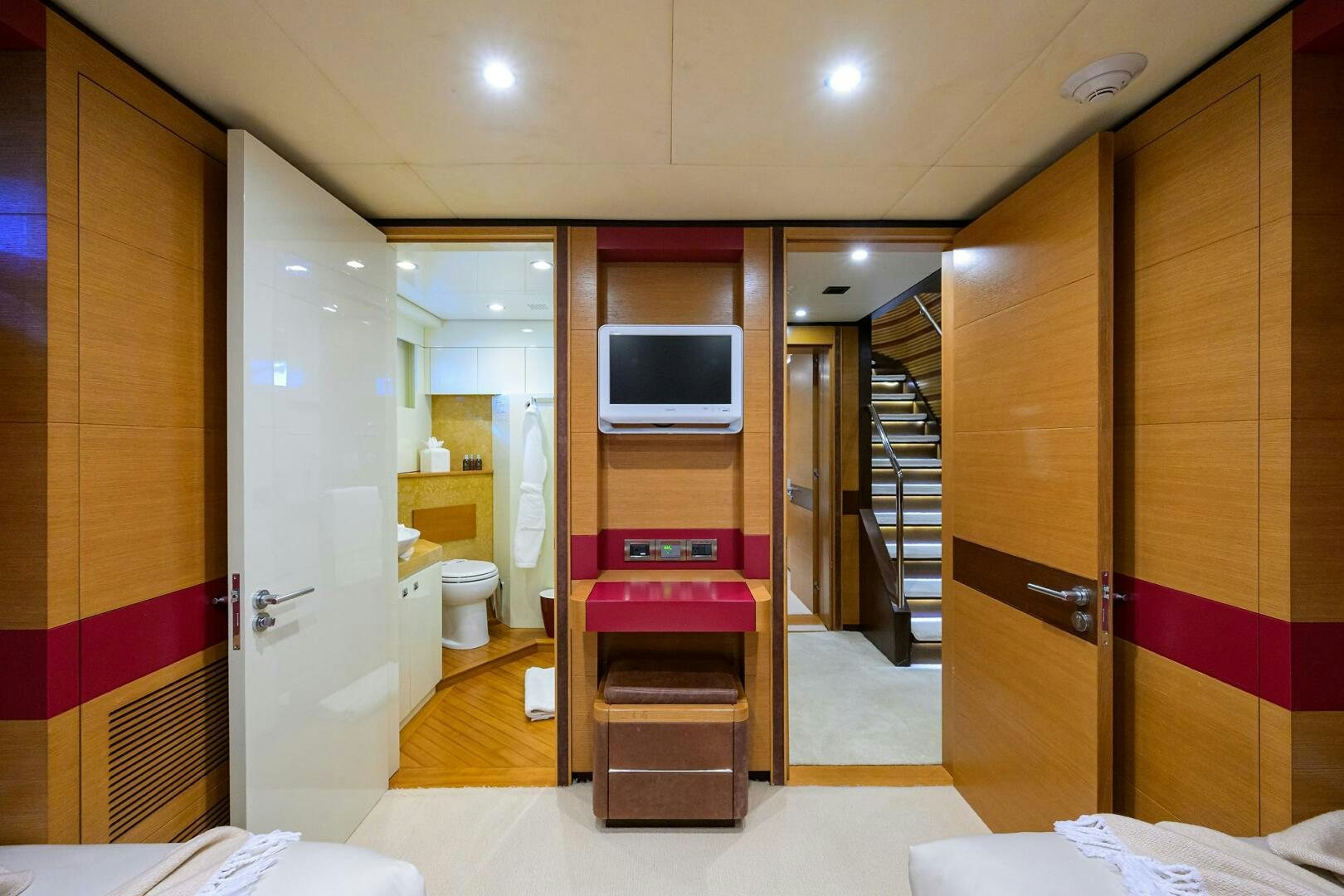 a bathroom with a large mirror aboard KIMBERLIE Yacht for Sale