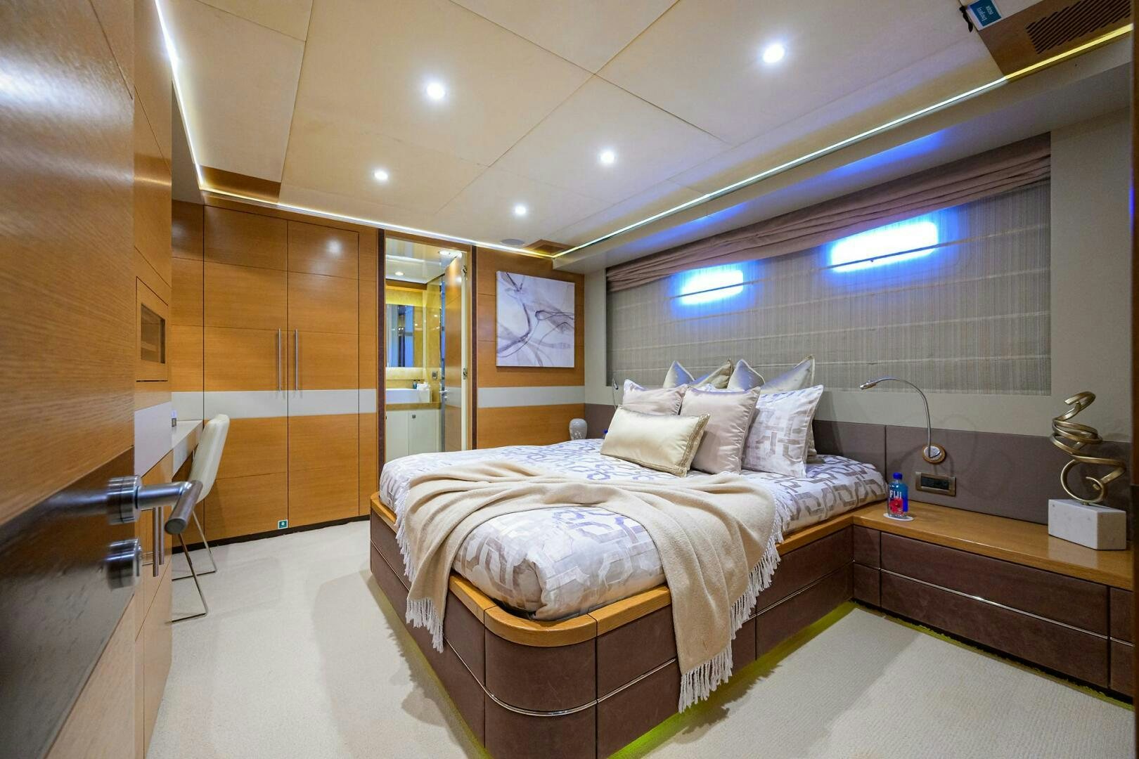 a large bedroom with a large bed aboard KIMBERLIE Yacht for Sale