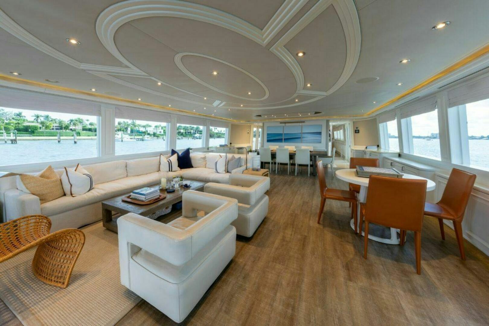 a living room with a large open floor plan aboard BOXER Yacht for Sale
