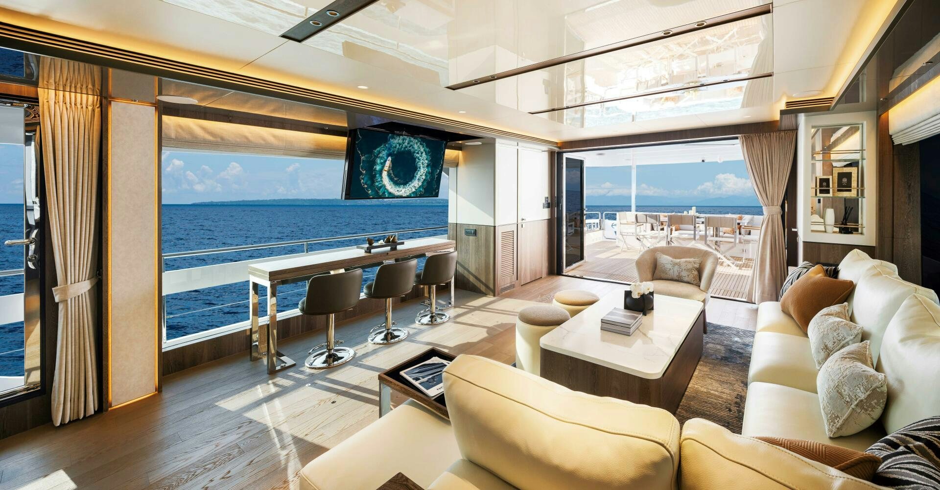 a room with a large window and a view of the ocean aboard FD80-614 Yacht for Sale