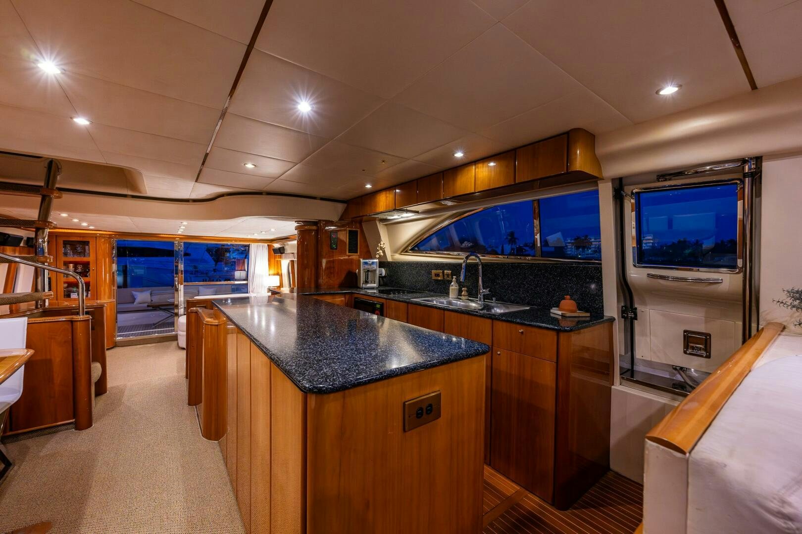 a kitchen with a large countertop aboard PEARL Yacht for Sale
