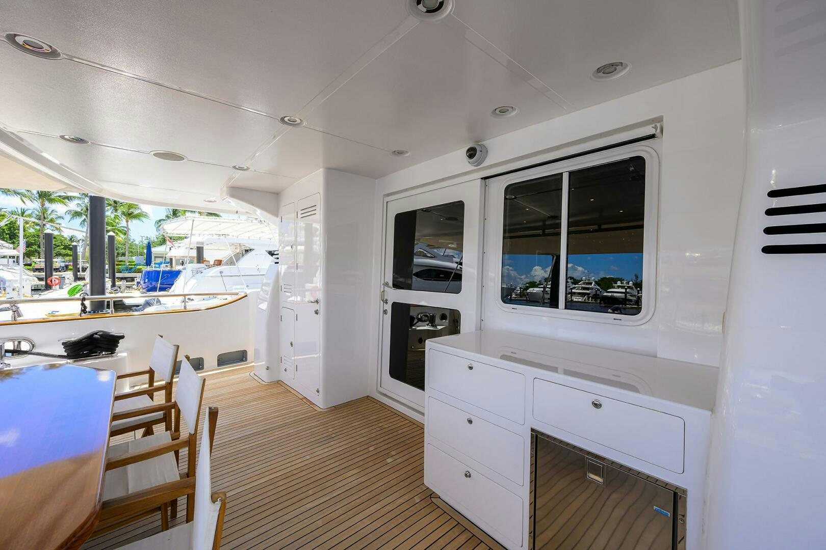 a kitchen with a large window aboard SOLACE Yacht for Sale
