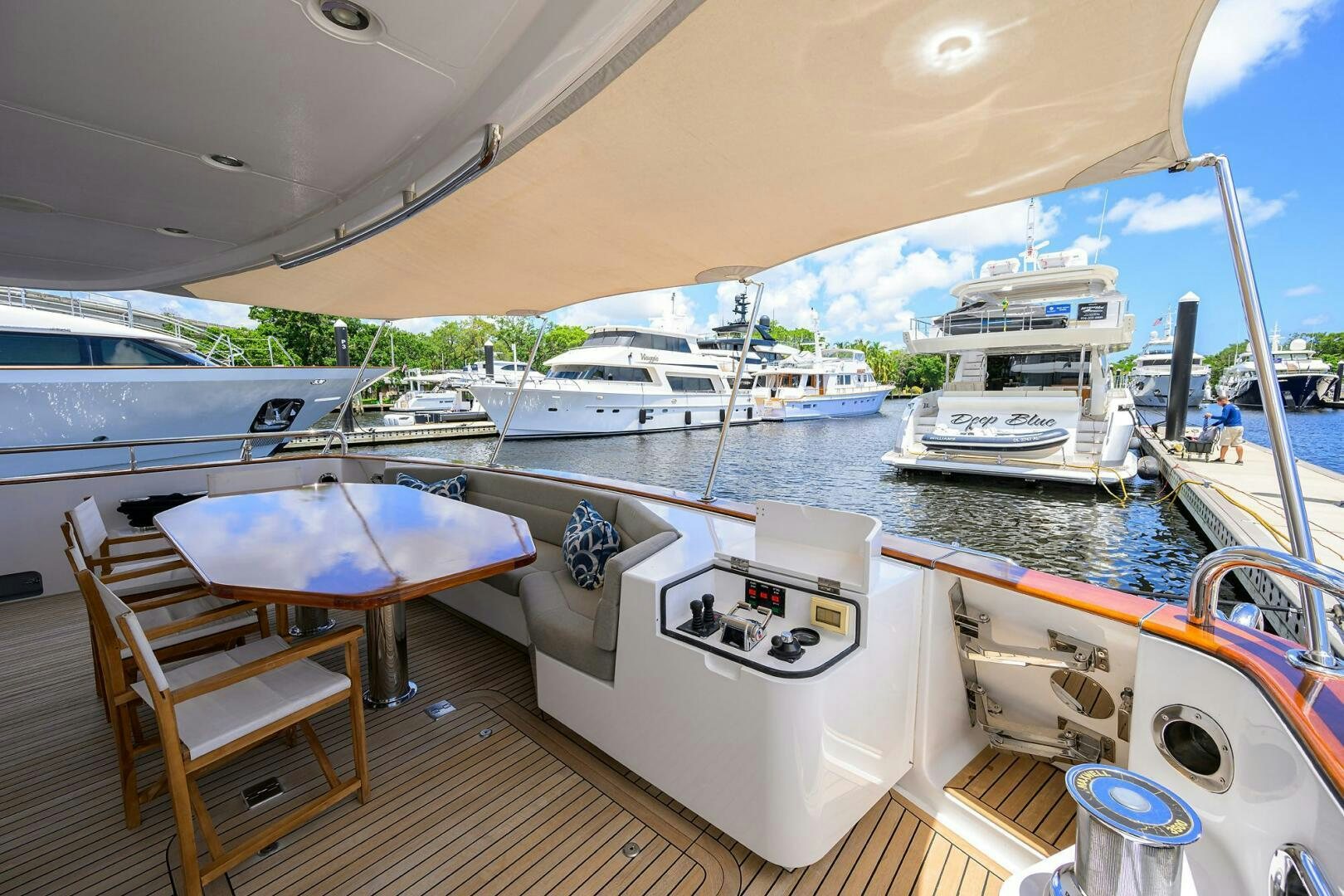 a boat docked at a pier aboard SOLACE Yacht for Sale