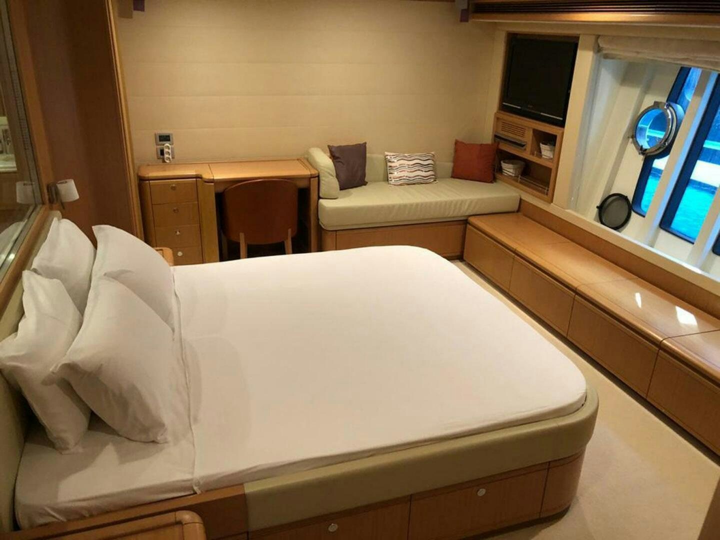 a bed in a room aboard MAR AZUL Yacht for Sale