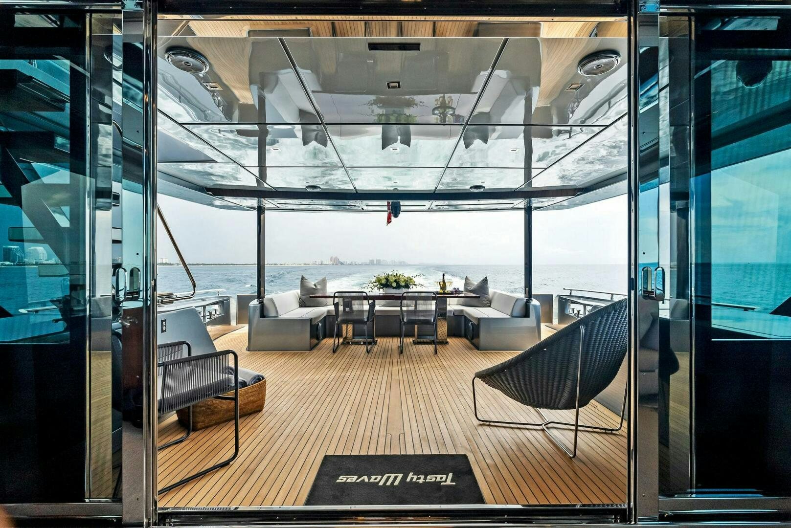 inside of a building with a large window aboard NO SURRENDER Yacht for Sale