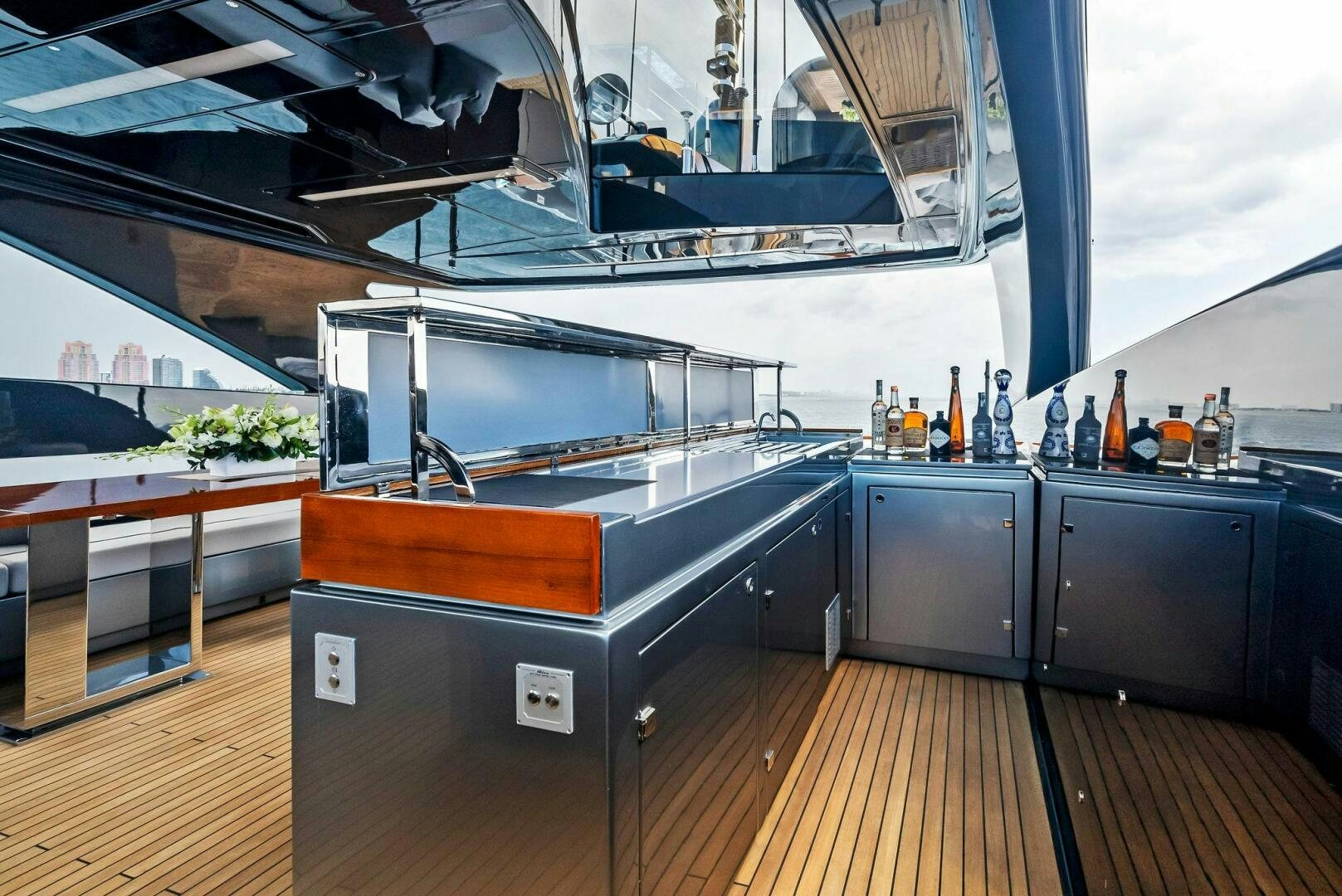 a kitchen with a large window aboard NO SURRENDER Yacht for Sale