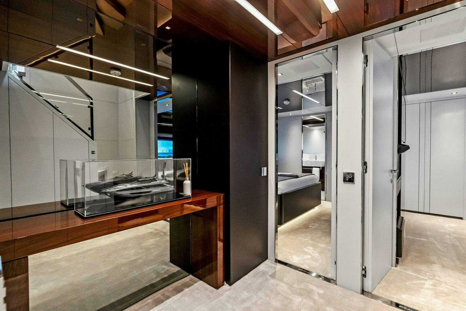 a kitchen with a counter and cabinets aboard NO SURRENDER Yacht for Sale