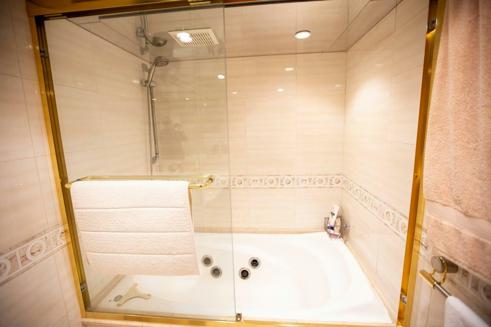 a bathroom with a bathtub and shower aboard PAINKILLER Yacht for Sale