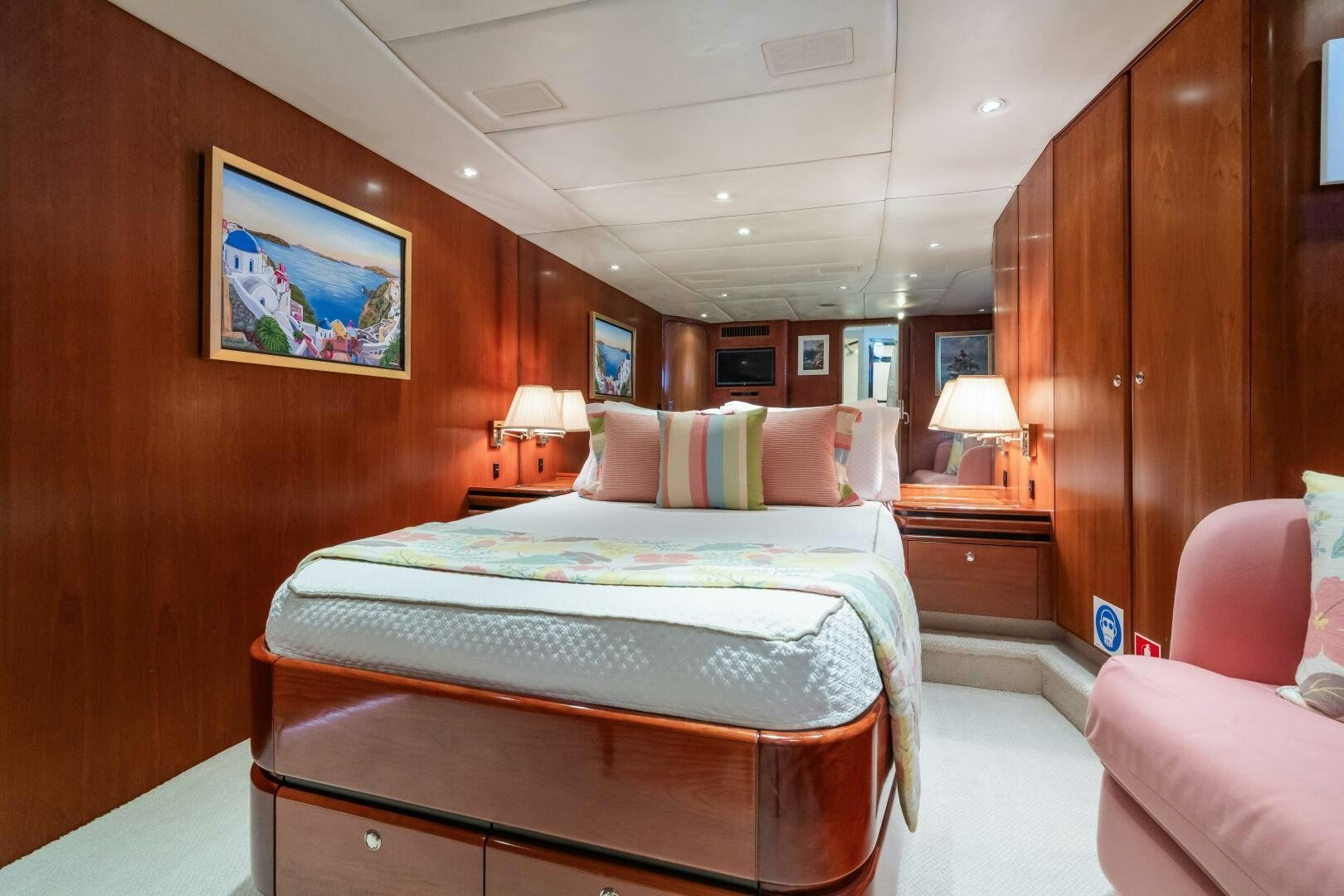 a bed in a room aboard SEAQUELL Yacht for Sale