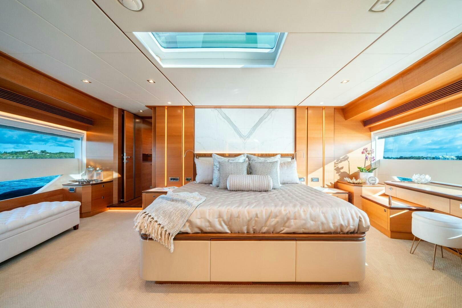 a bedroom with a large bed aboard MIDNIGHT MOON Yacht for Sale
