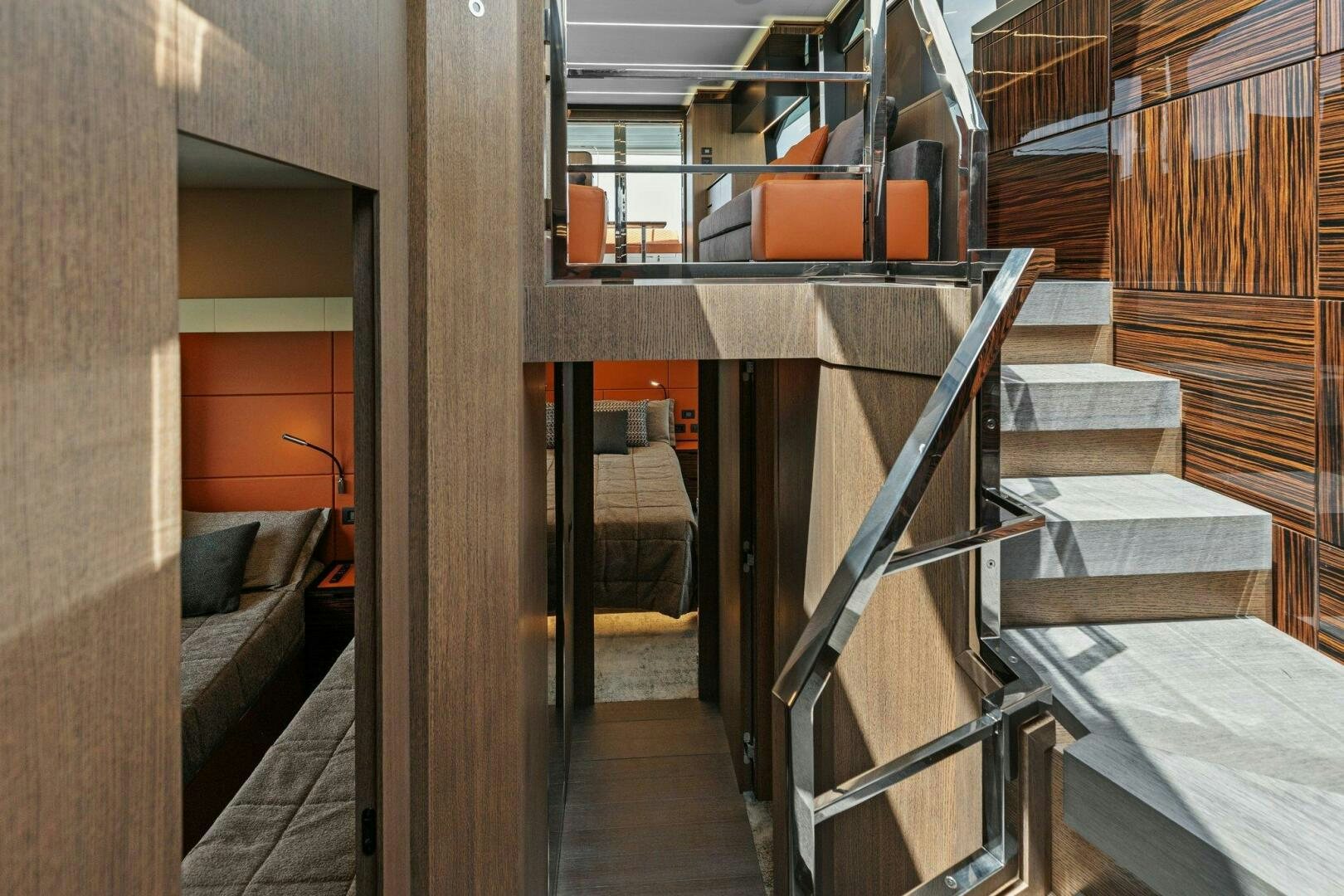 a room with wooden bunk beds aboard TINKA BUNNY Yacht for Sale