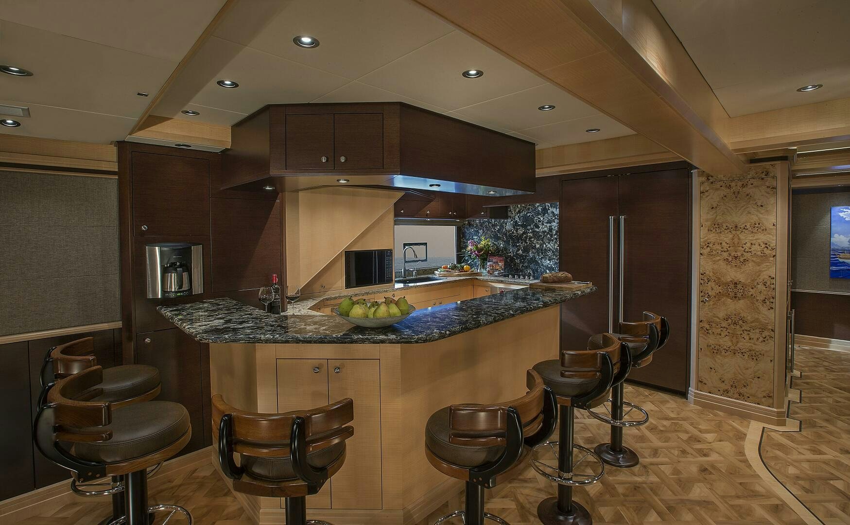 a kitchen with a countertop aboard CAZADOR Yacht for Sale