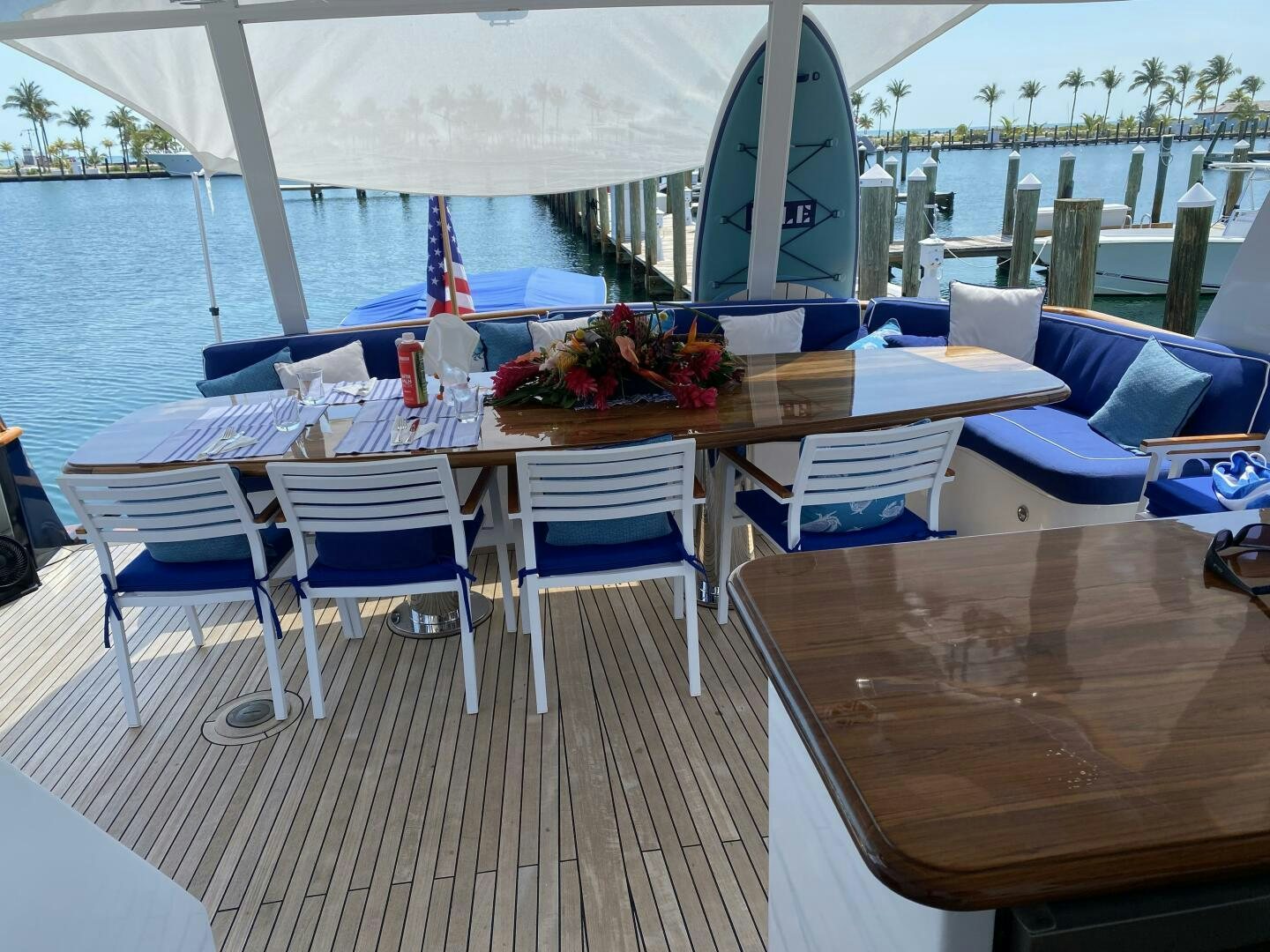 a table set up on a deck aboard PRECIOUS CARGO Yacht for Sale