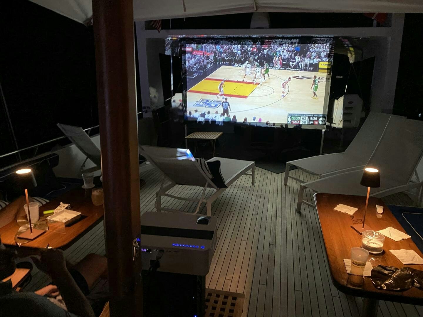 a large screen in a room aboard PRECIOUS CARGO Yacht for Sale