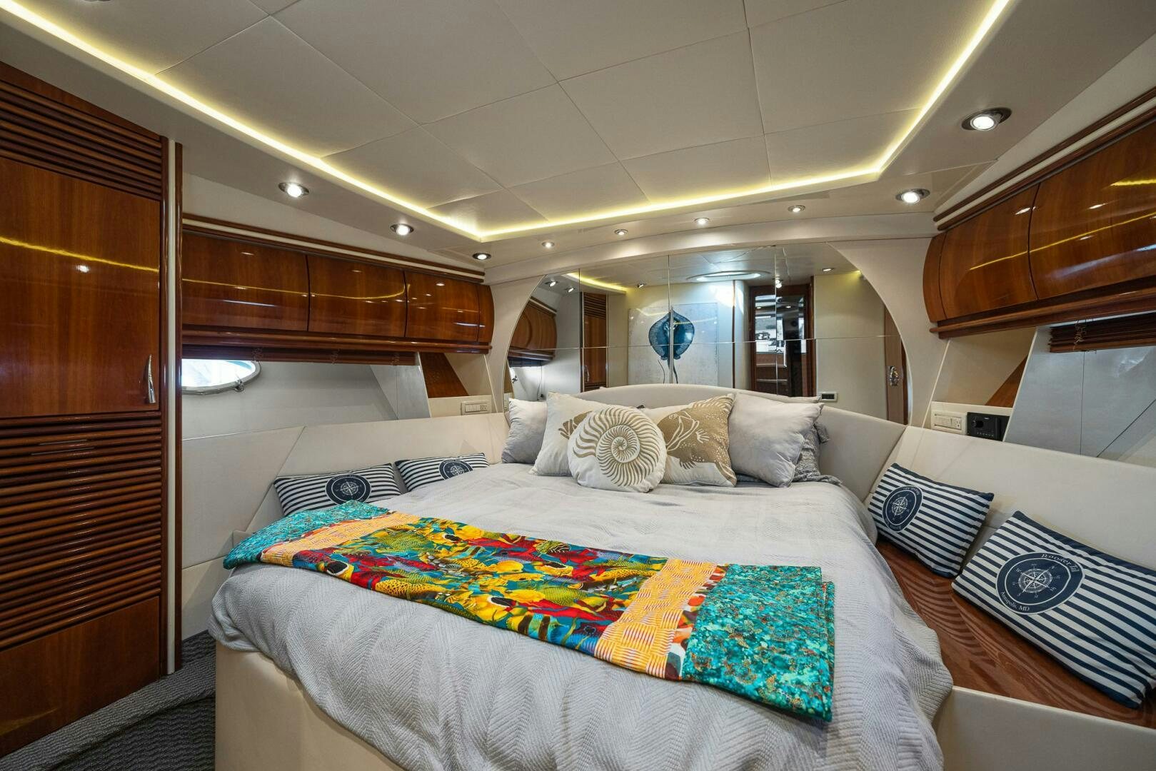 a bed in a room aboard ROOSTERTAIL Yacht for Sale