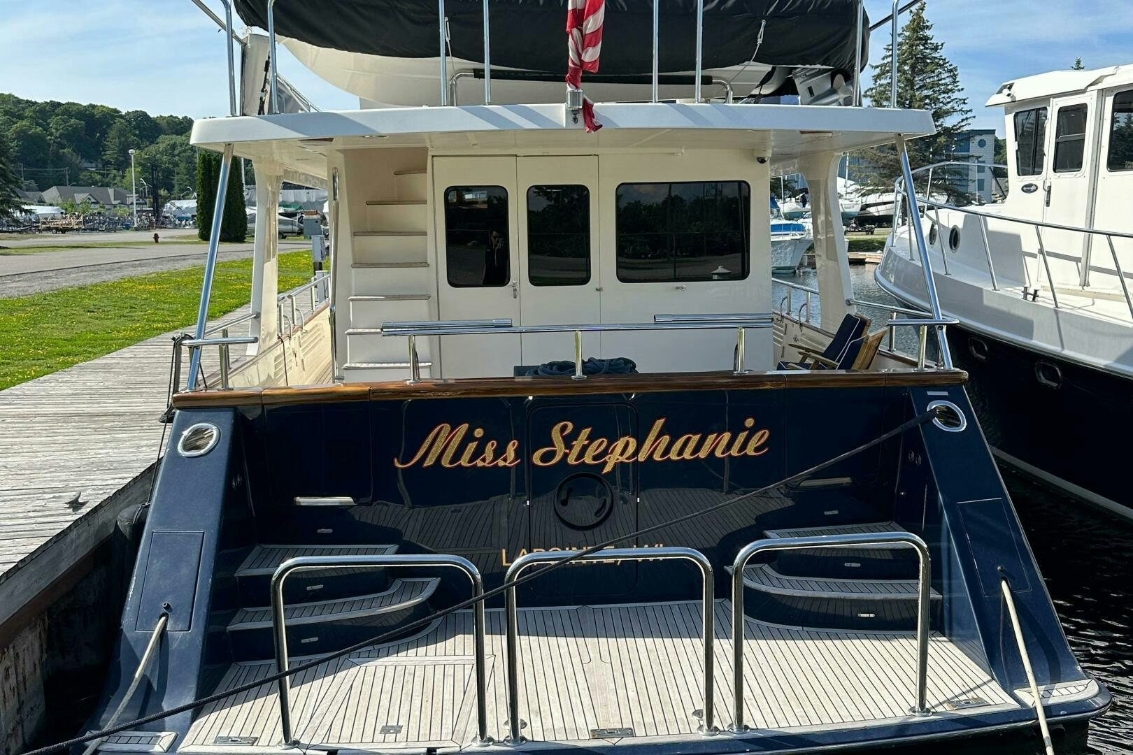 a boat on a dock aboard MISS STEPHANIE  Yacht for Sale