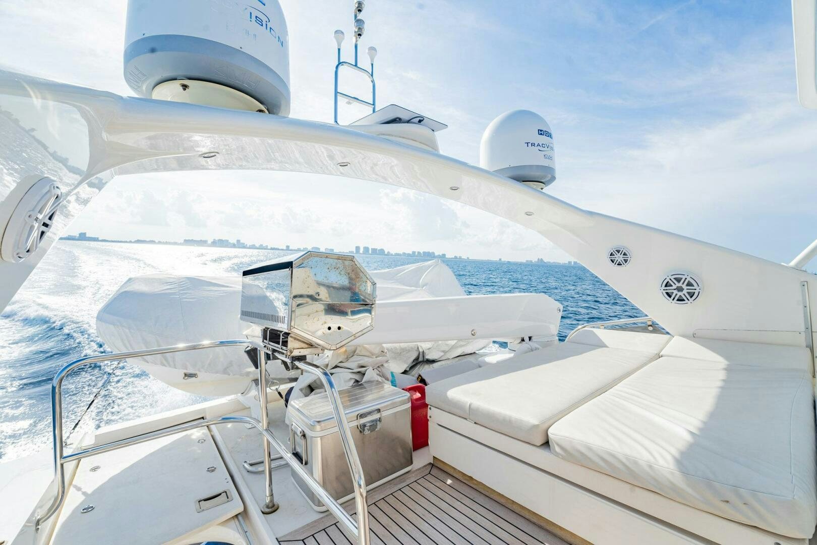 a close-up of a white satellite dish aboard HALF MINE Yacht for Sale