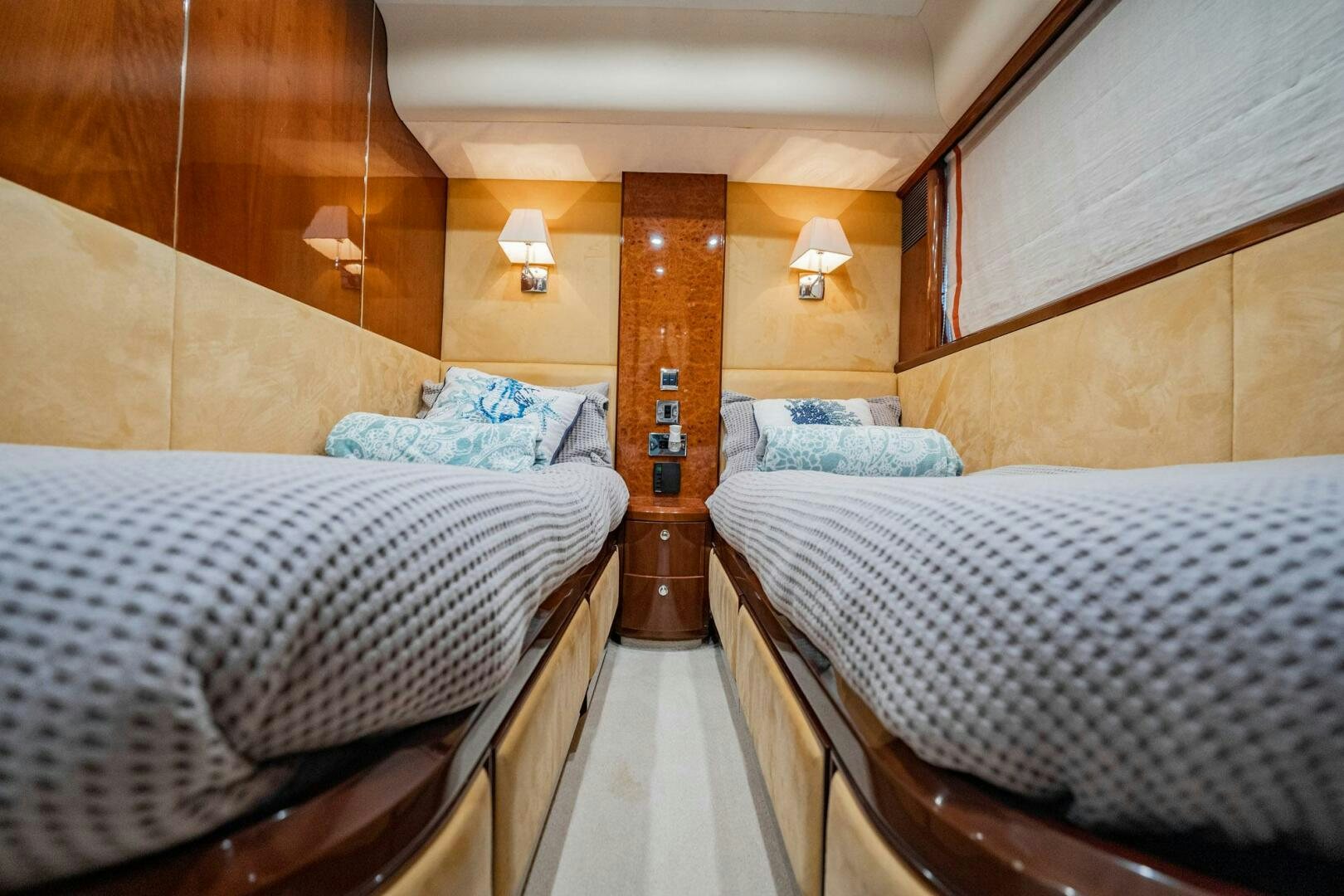 a couple of beds in a room aboard HALF MINE Yacht for Sale