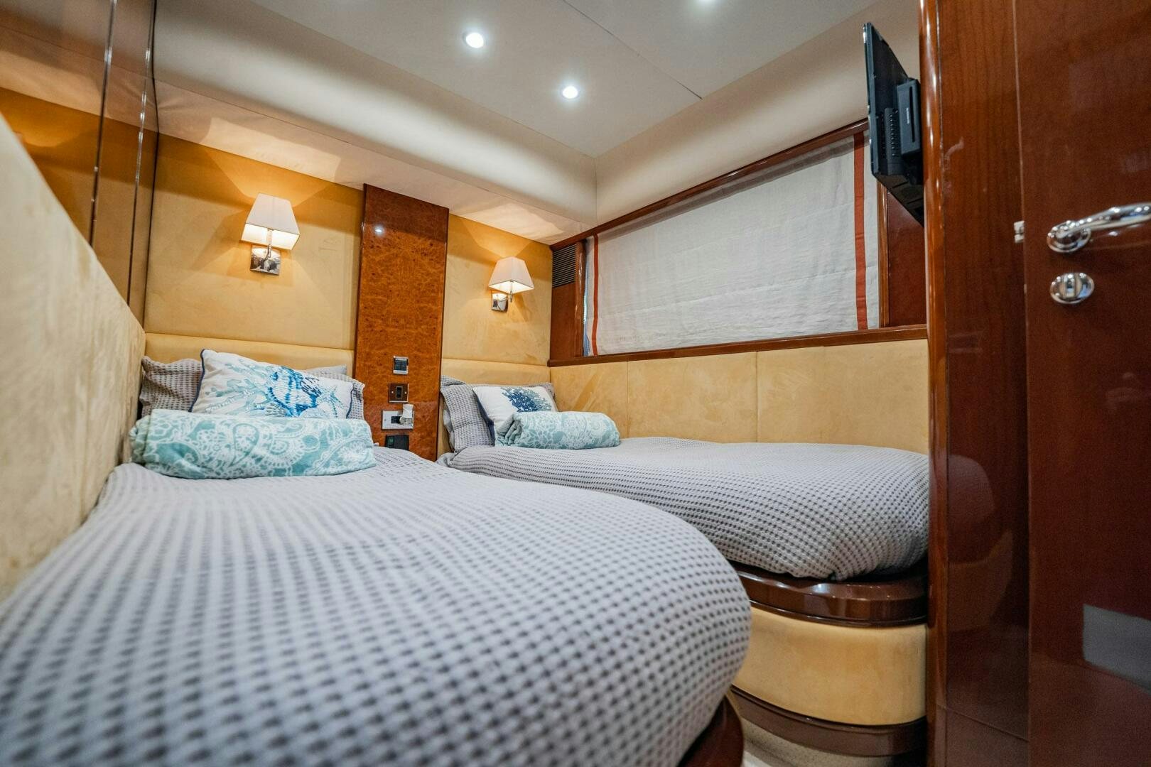 a couple of beds in a room aboard HALF MINE Yacht for Sale