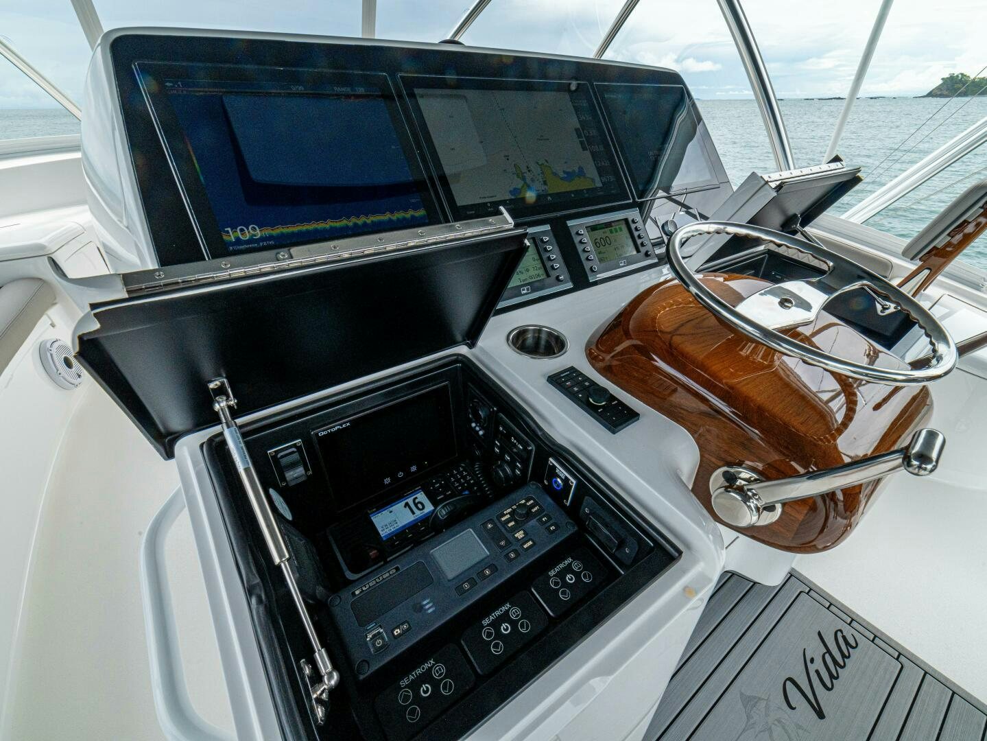 the inside of a car aboard PURA VIDA Yacht for Sale