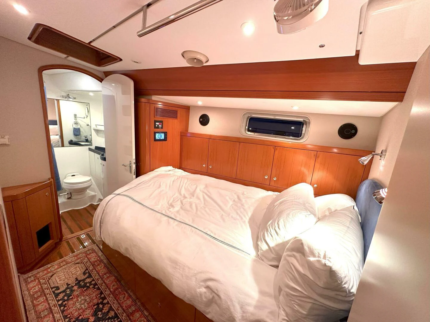a bed in a room aboard LEONORE Yacht for Sale